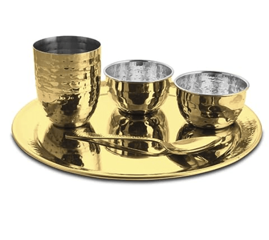 Shri & Sam High Grade Stainless Steel Diamond Hammered Gold Thali Set with PVD Coating