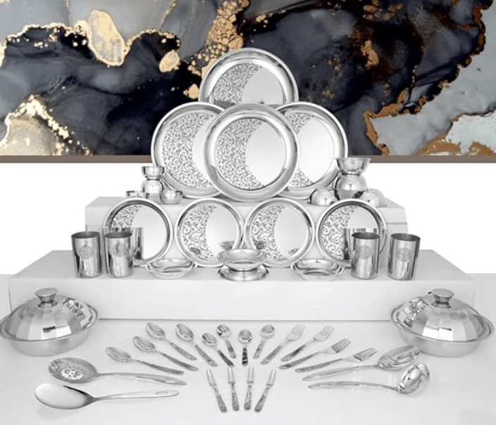 Shri & Sam Designer Stainless Steel Delight Laser Bloom Dinner Set, 46 Pieces
