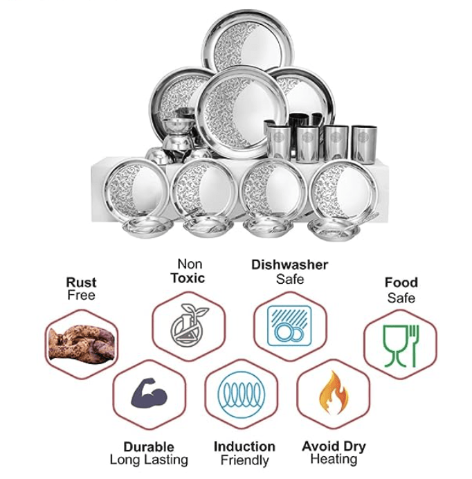 Shri & Sam Designer Stainless Steel Delight Laser Bloom Dinner Set, 24 Pieces