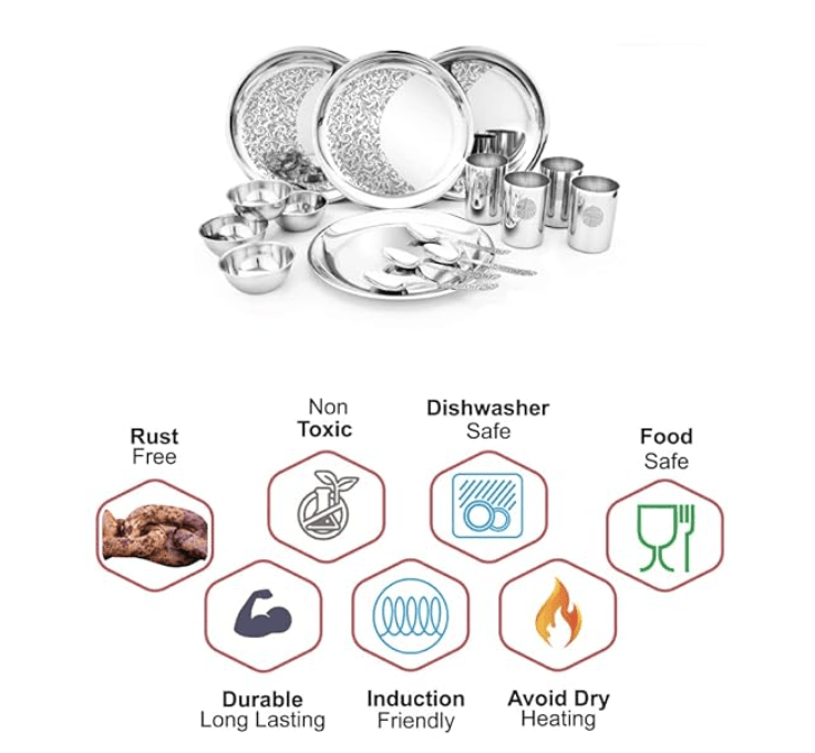 Shri & Sam Designer Stainless Steel Delight Laser Bloom Dinner Set, 16 Pieces
