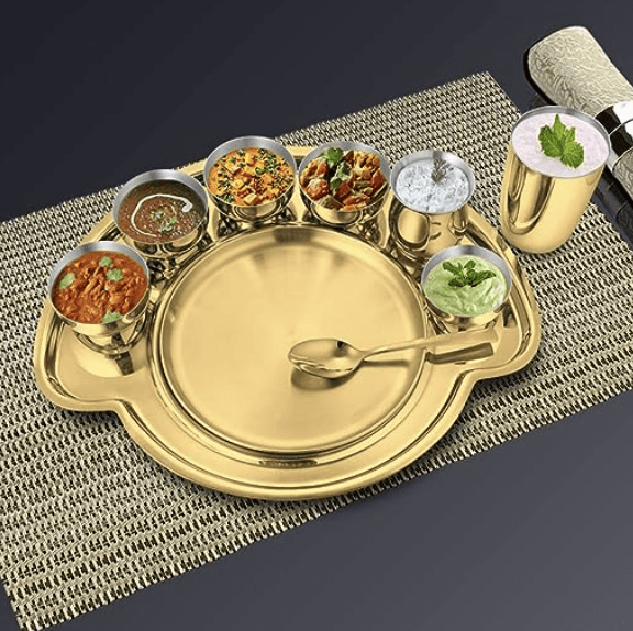 Shri & Sam Nifty High Grade Stainless Steel Thali Set with PVD Coating (Gold)