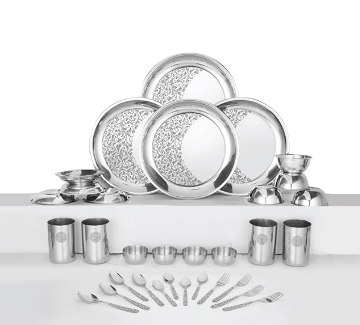 Shri & Sam Designer Stainless Steel Delight Laser Bloom Dinner Set, 32 Pieces